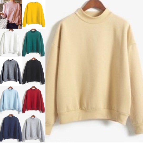 Langærmet ensfarvet sweatshirt til kvinder med rib tykke plystrøjer Vit M