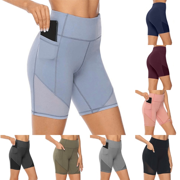 Kvinders højtaljede yogashorts Skinny Workout-sidetaske Light blue,XXL