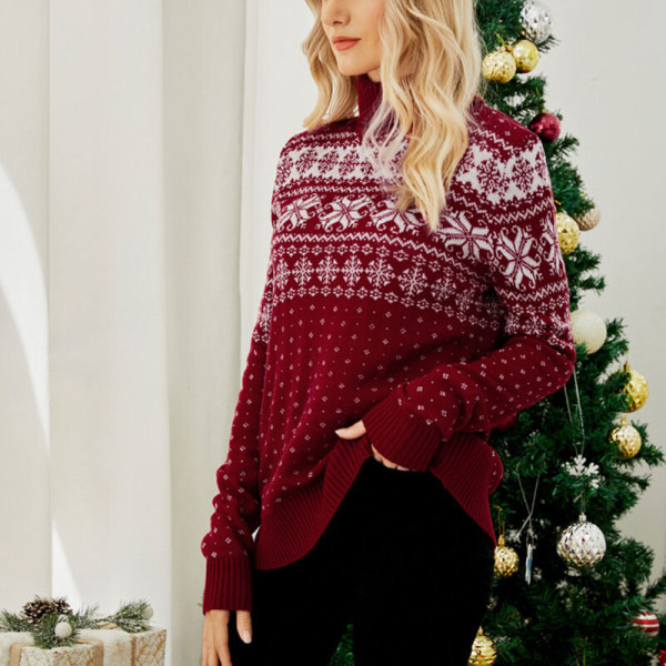 Dam Xmas High Neck Pullover Snowflake Print Stickade tröjor Red M