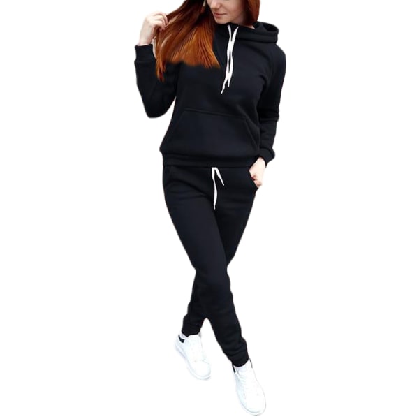 Naisten hupullinen pitkähihainen urheilupuku casual black,XL