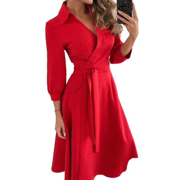 Kvinders sommer midi formel kjole Sundress Skjortelommer Snørebånd Red S