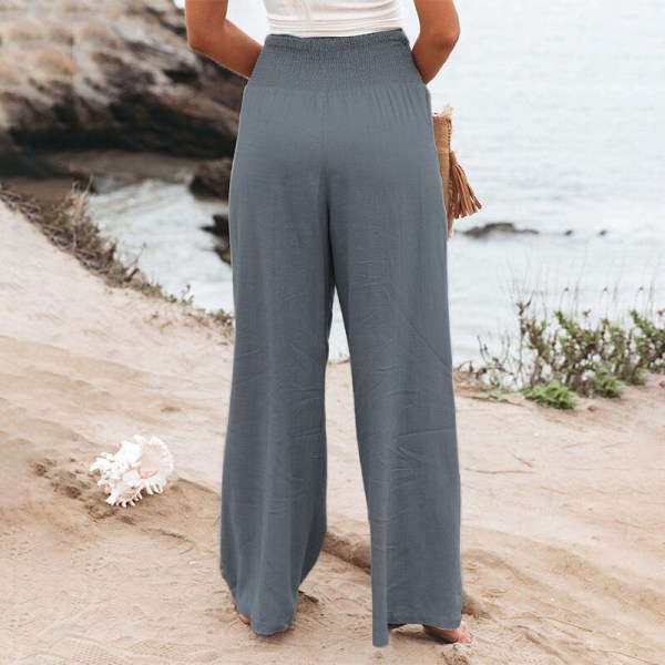 Kvinner høy midje bunner løs Uformell bomull Lin bukse med vidde ben Gray XL