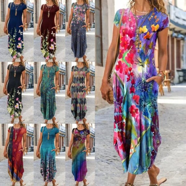 Naisten Summer Beach Sundress Pitkä mekko Maxi Mekko Löysä loma Geometric 3XL