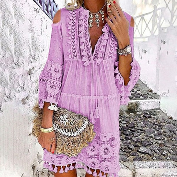 Naisten pitsipatchwork 3/4-hihaiset mekot Summer Beach Sundress Purple 3XL