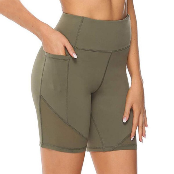Kvinders højtaljede yogashorts Skinny Workout-sidetaske Khaki green,XL