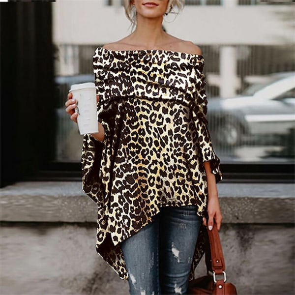 Ladies Off Shoulder Tee Solid Color T-paita Leopard Print M