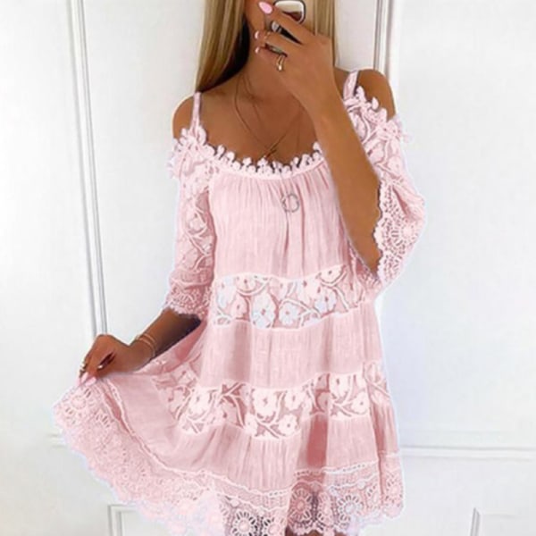 Kvinnor Halv ärm Sundress Blommig spetsstickning T-shirt klänning Pink 2XL