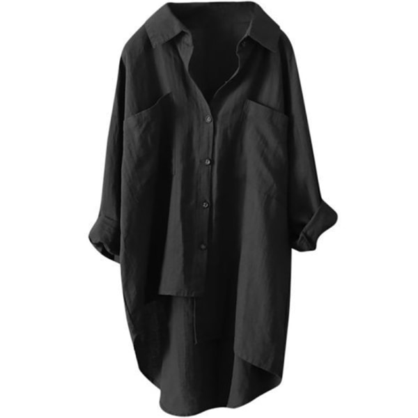 Naisten pellava Löysä toppi Naisten pitkähihainen casual t-paita black,3XL