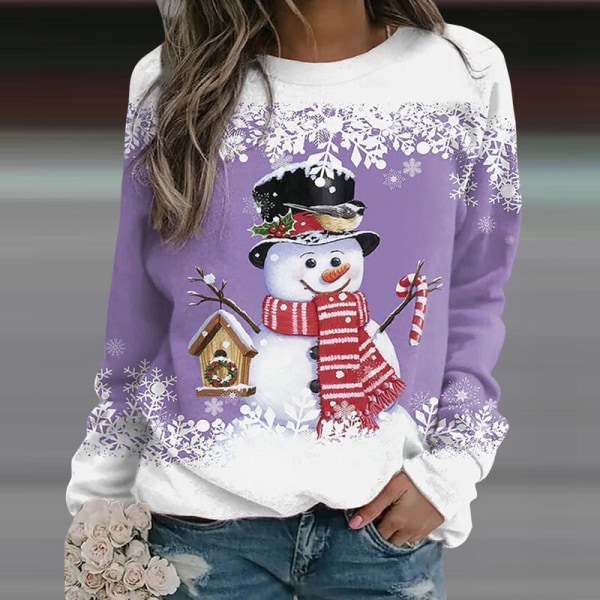 Ladies Snowman Print splejset tunika bluse med rund hals pullover Purple 5XL