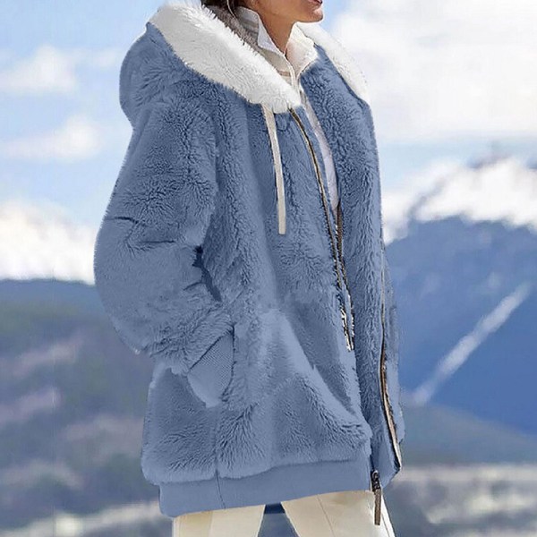 Naisten yksivärinen neuletakki vetoketjullinen Sherpa-takki Blue M