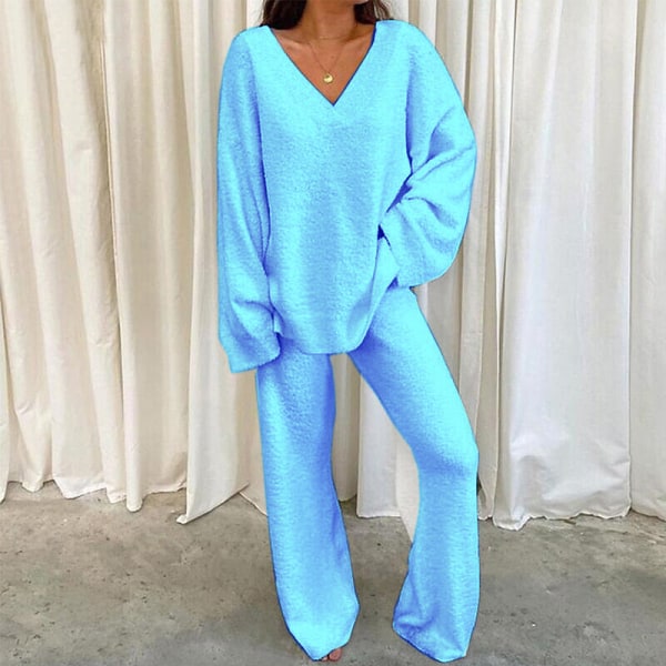 Naisten Polar Fleece Sleepwear Set Pyjamas Lounge Setit Casual Light Blue 2XL