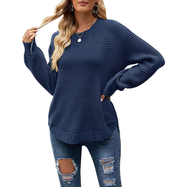 Ensfarvet sweater langærmet dametrøje Navy Blue XL