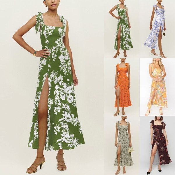 Dame Lang kjole Summer Beach Sundress Square Neck Slipkjoler Yellow XL 2593  | Yellow | Polyester | Fyndiq