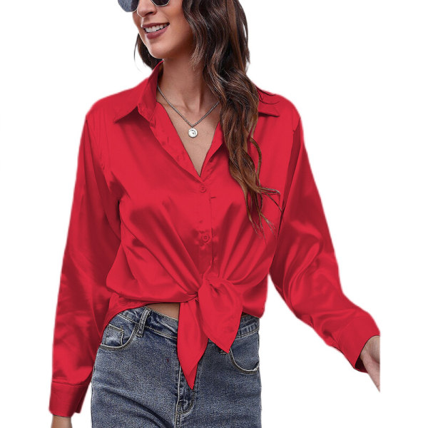 Böjd blus för dam Tunikaskjorta Satin långärmade T-shirts Red M