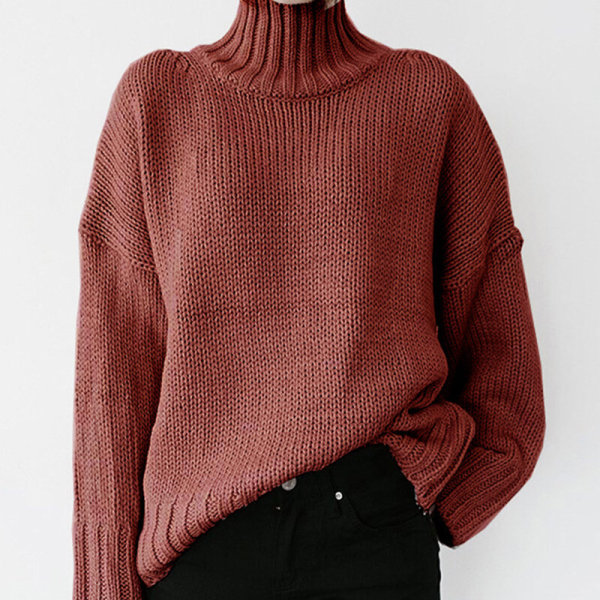 Ensfarget strikkede gensere for damer Turtle Neck Plain Pullover Röd 2XL