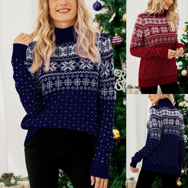 Dam Xmas High Neck Pullover Snowflake Print Stickade tröjor Red M