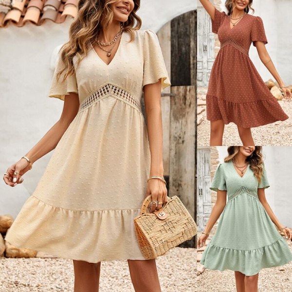 Dame sommer solkjole kort kjole V-hals mini fest Apricot XL 1564 Apricot | Polyester | Fyndiq