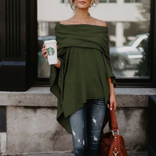 Ladies Off Shoulder Tee Solid Color T-paita Army Green L