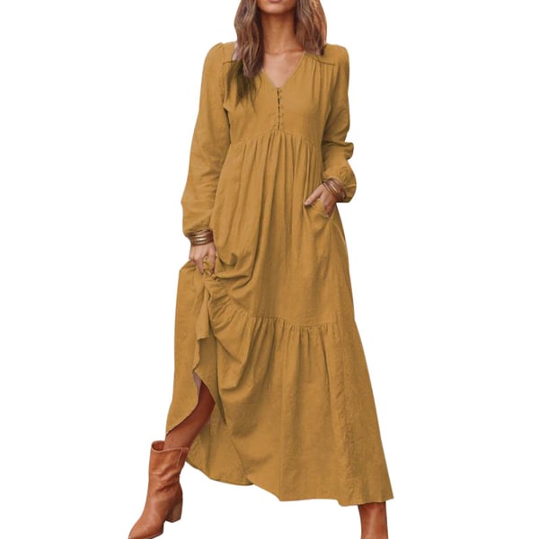 Kvinder afslappet lang nederdel flæsede swing kjole lommeknapper Brown,XL