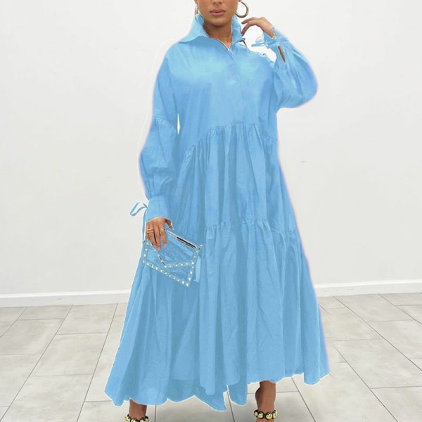 Kvinder ensfarvet skjortekjole flæsende maxi-kjoler Sky Blue 4XL