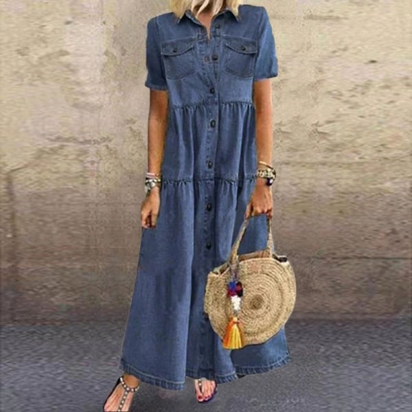 Dam Denim Vanlig Swing Sundress Skjorta Långa Klänningar Knappar Dark Blue XL