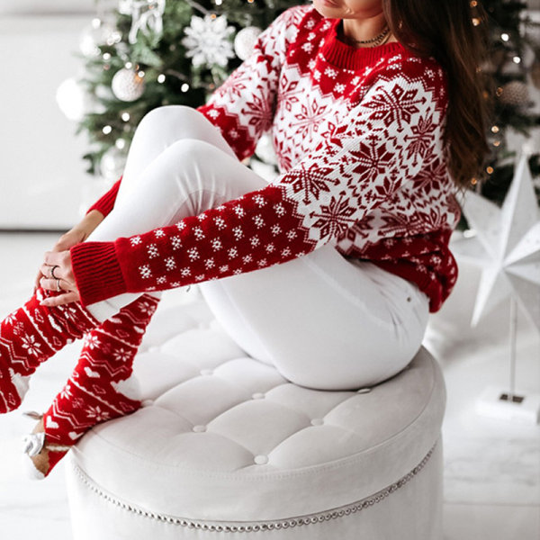 Dame Casual Sweater Pullover Løs Christmas Snowman Jumper White L