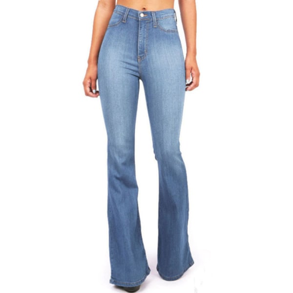 Kvinder jeans højtaljede løse knapbukser afslappede bukser med udsving Light Blue,L