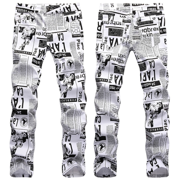 Män casual print jeans mode stretch byxor med raka ben Newspaper,40