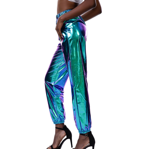 Kvinder High Waist Bukser Metallic Loungewear Shin Bukser Fantasy Blue L
