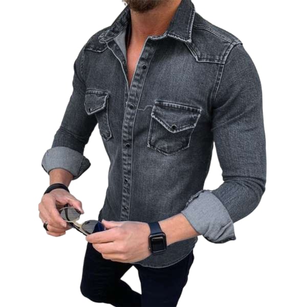 Mænd Denim Shirt Langærmede Button-Up lommer Reverskrave Dark Grey L