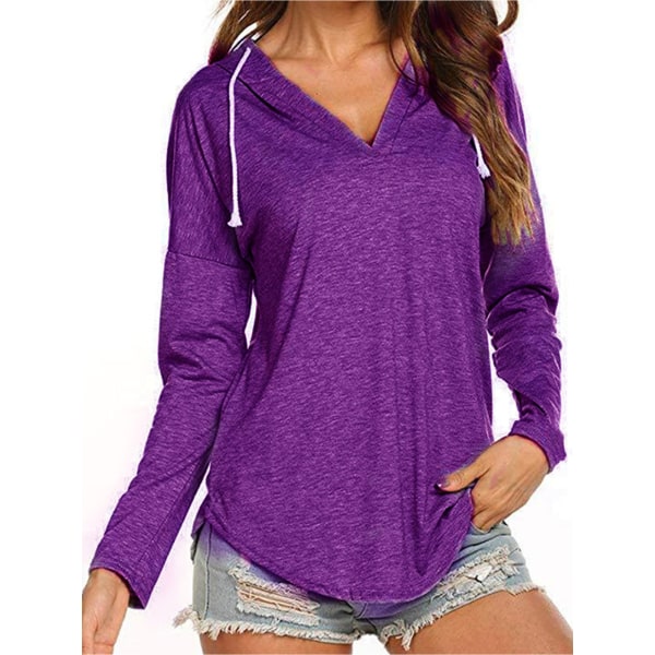 Dam V-ringad långärmad lös T-shirt Top Casual Hoodie Purple,XXL