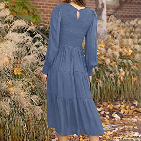 Kvinnors veckade ryggknapp Maxiklänningar Loose A Line Dress Swing Denim Blue M
