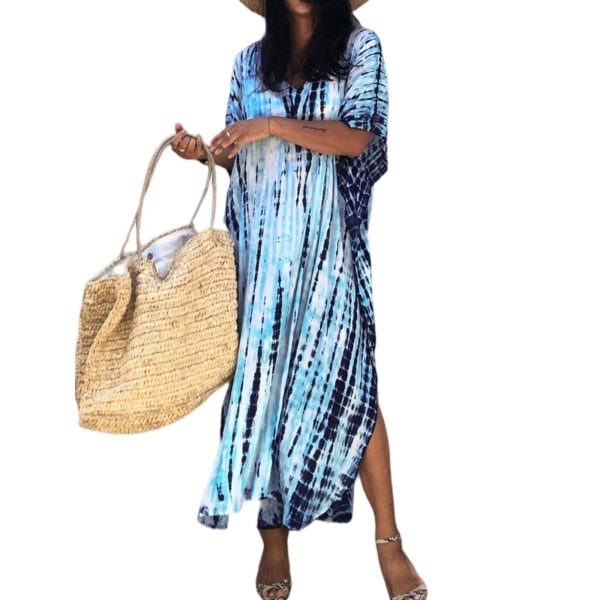 Dam Cover Up Lång Kjol Maxiklänningar Beach Sundress Vacation Blue and Black One Size