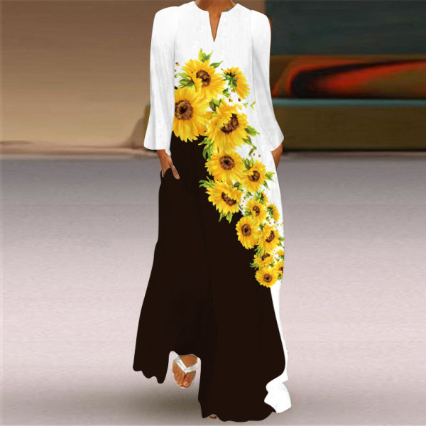 Dam Sunflower Printed Maxiklänningar Pocket Long Sleeve Beach Style-B 4XL
