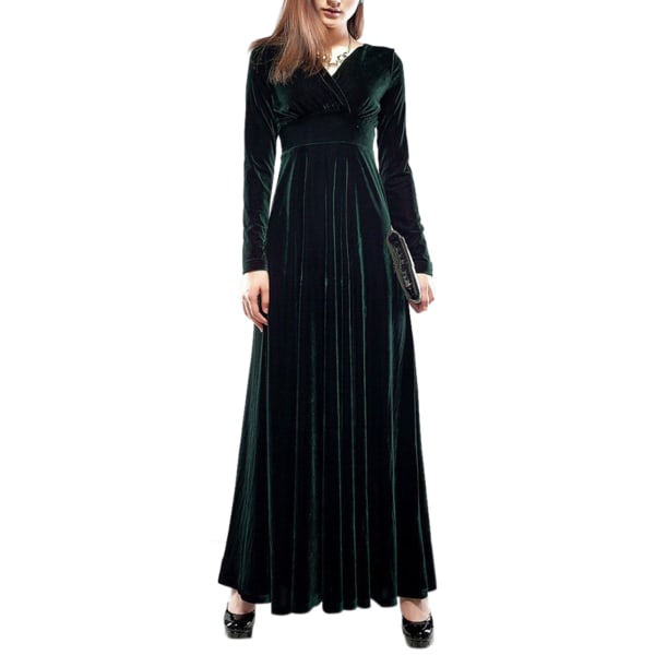 Vinter dame V-udskæring guldfløjl cocktail langærmet kjole Dark green,XL