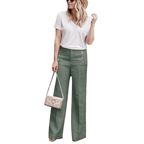 Kvinder Bomuld Linned Bukser med brede ben Casual højtaljede bukser Green,XL