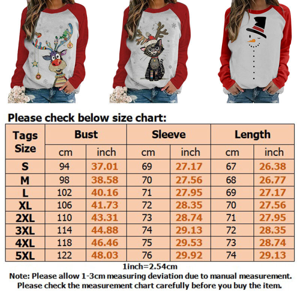 Kvinder Elk Printet Tunika Bluse Langærmet Jul T-shirt Deer Print M