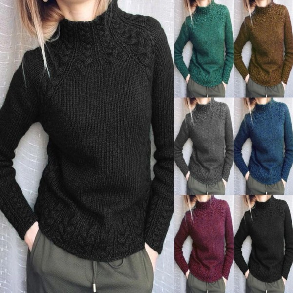 Kvinder langærmet højhalset striktrøjer ensfarvet sweater Blue 2XL
