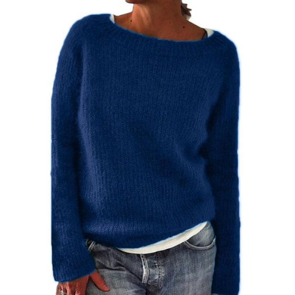 Naisten pitkähihainen pyöreäkauluksinen neulepusero yksivärinen villapaita Blue M