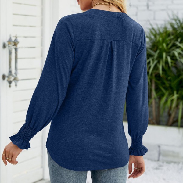 Långärmad T-shirt för kvinnor med V-ringad T-shirt Navy Blue L