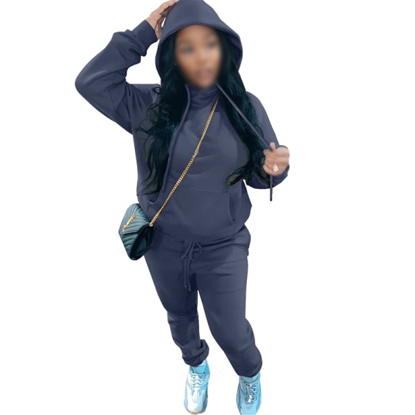 Kvinnor Långärmad Hooded Neck Sweatsuits Vanlig Casual Jogger Set Marinblått XL