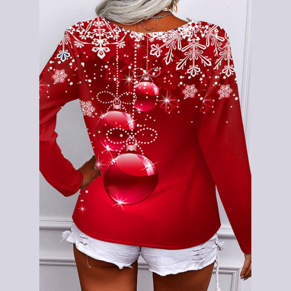Kvinder langærmet V-hals lynlås Baggy Tee Christmas Print T-shirt Red XL