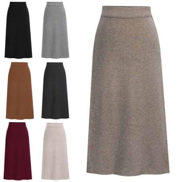 Dame Split ensfarvet midi-nederdel Strikkede højtaljede nederdele Ljusgrå XL