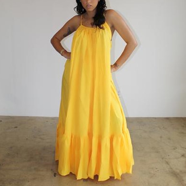 Sexet Suspender Ruffled Edge Large Hem Maxi Dress Womens Holiday Yellow L