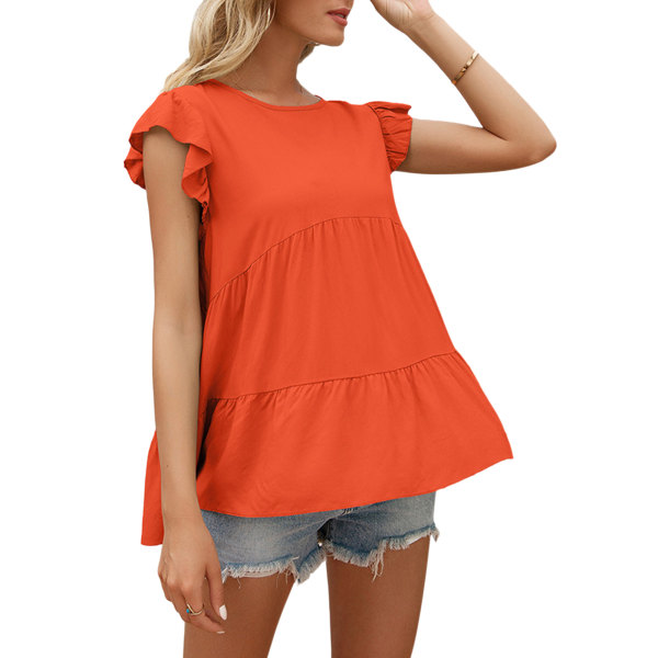 Kvinders flæsede rundhals kortærmet top T-shirt orange,L