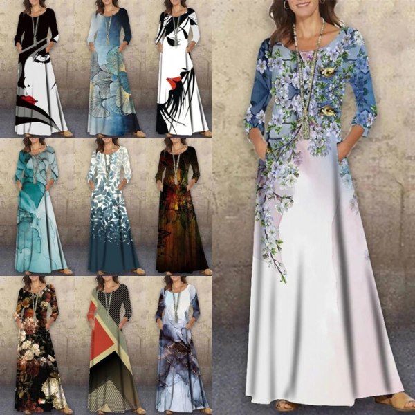 Dame abstrakt trykt fuld længde kjole med blomsterprint Maxi Element-B XXXL