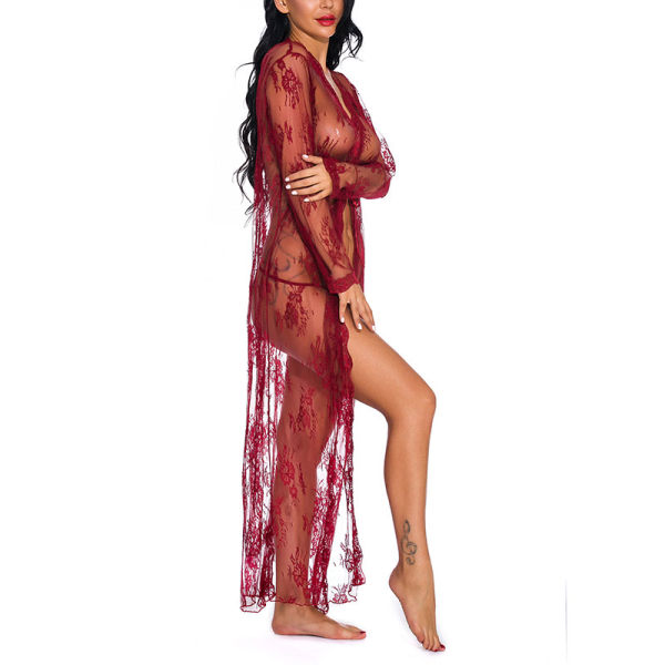 Sexig pyjamas kofta i spets för kvinnor i ett stycke Red Wine,S
