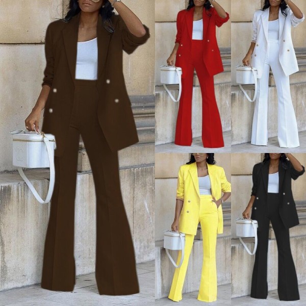 Kvinnor Lapel Collar Suit Set Blazer Och Byxor 2 Styck Outfits Coffee S