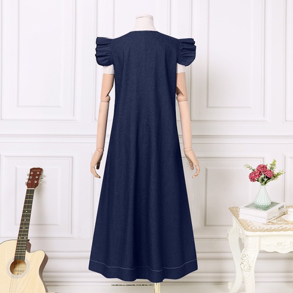 Naisten Denim pitkä mekko V-kaula Lotus Leaf Sleeve Maxi Mekot Dark Blue S