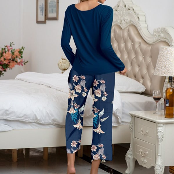 Kvinnor långärmad rosett snörning Loungewear Print Lounge Set Djupt blå L
